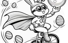 Easter Bunny As Superhero Performs Trick On Bike: Coloring Page in Printable Superhero Easter Coloring Pages