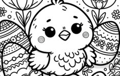 Fluffy Easter Chick With Easter Eggs And Flowers: Coloring Page with regard to Free Printable Easter Chick Coloring Pages