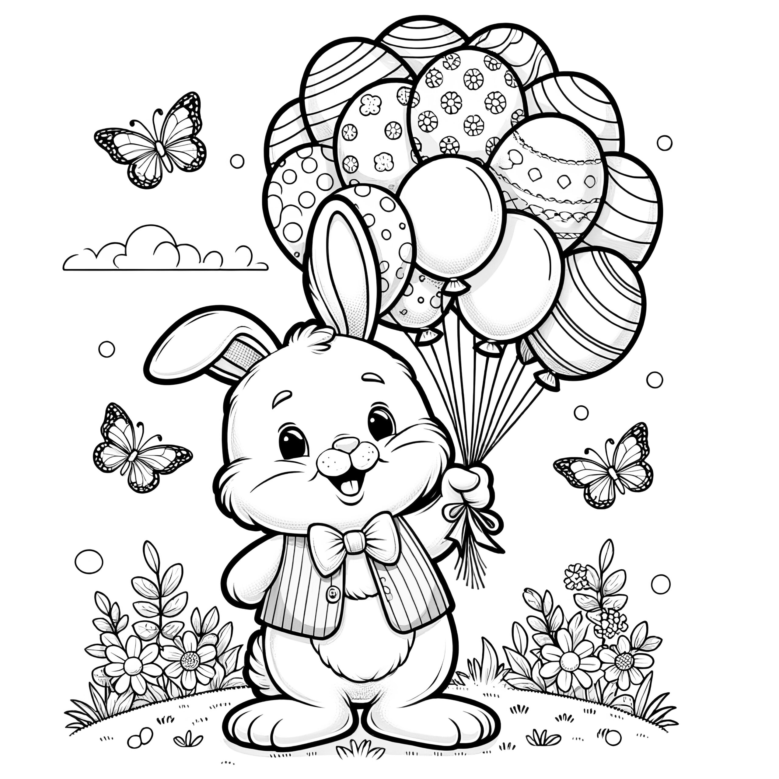 Stylish Easter Bunny With Balloons And Butterflies: Coloring Page intended for Free Easter Bunny Printable Coloring Pages