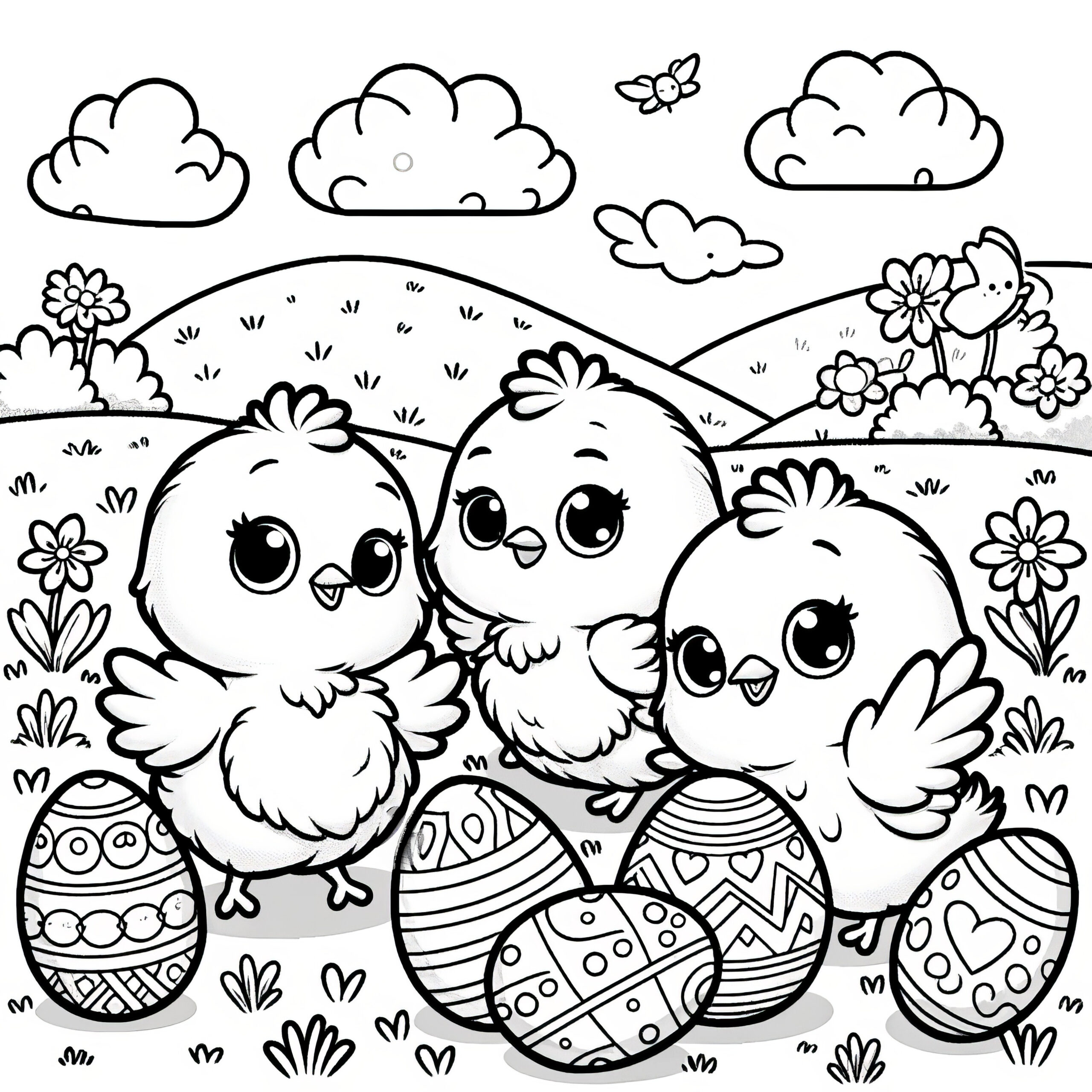 Three Easter Chicks With Easter Eggs: Picture To Color (Free) intended for Easter Chick Coloring Pages Printable Boy and Girl