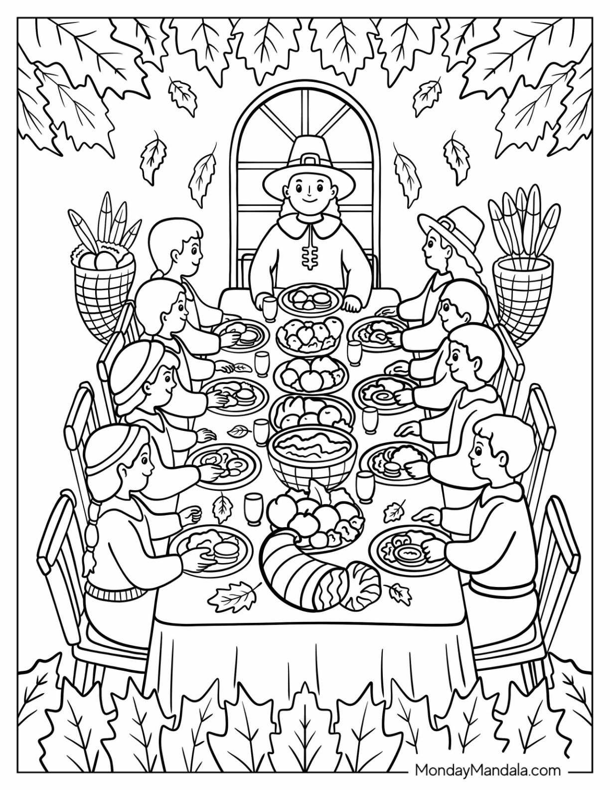 37 Pilgrim Coloring Pages (Free Pdf Printables) intended for Thanksgiving Feast Coloring Sheet