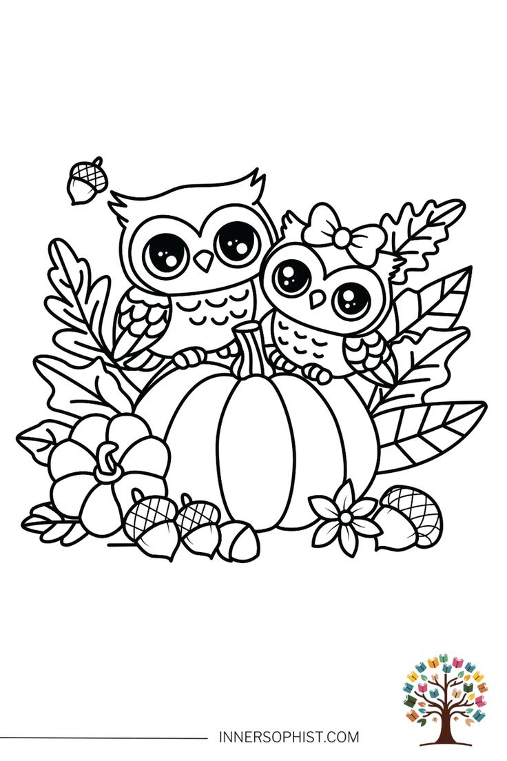 Autumn Owls Pumpkin Coloring Page with Thanksgiving Owl Coloring Sheet