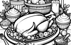 Christmas Dinner With Turkey As A Free Coloring Page within Thanksgiving Table Coloring Sheet
