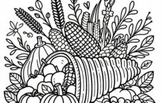 Cornucopia With Gifts Of The Harvest For Thanksgiving As A in Coloring Sheets Thanksgiving Fruit And Vegetables For Cornucopia