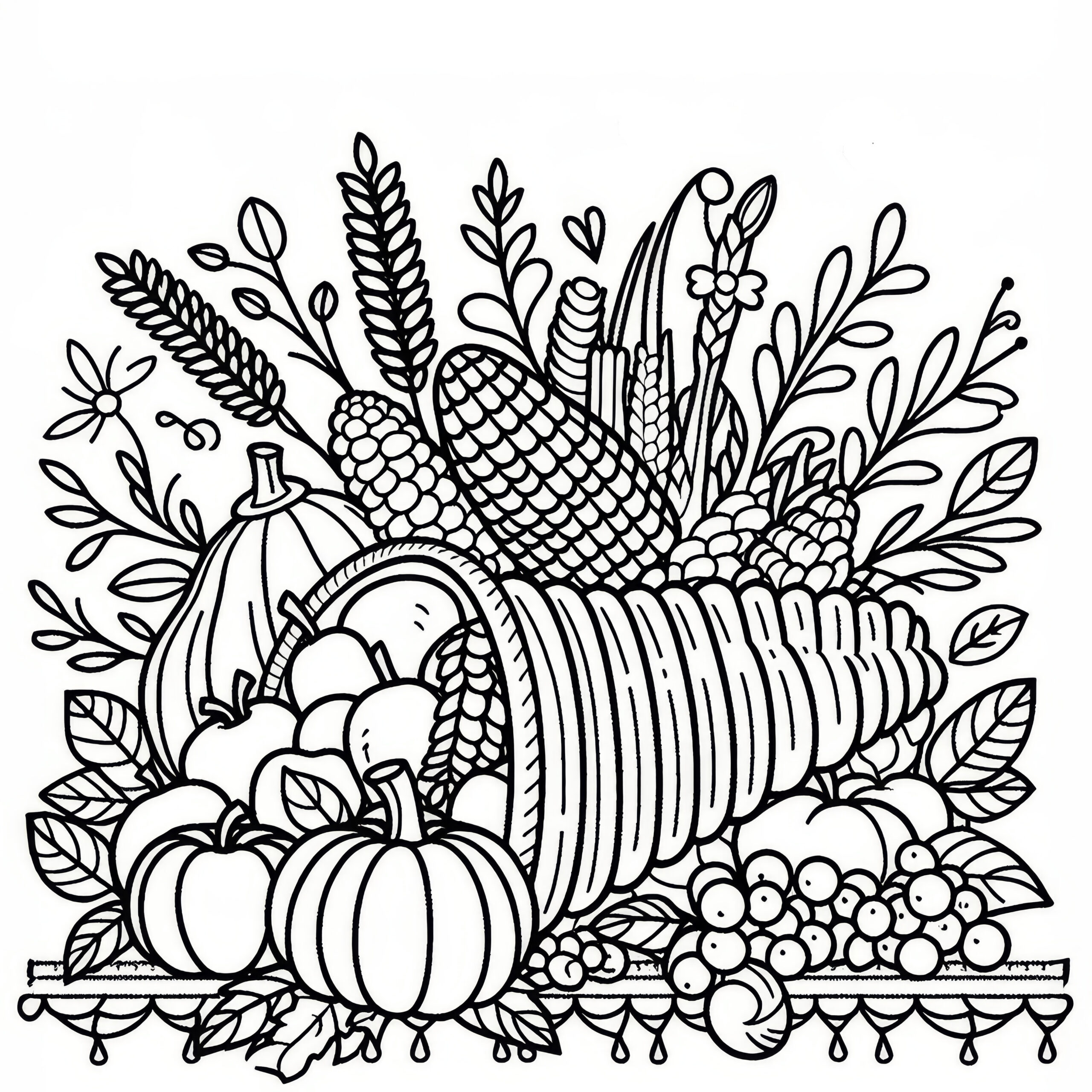 Cornucopia With Gifts Of The Harvest For Thanksgiving As A in Coloring Sheets Thanksgiving Fruit And Vegetables For Cornucopia