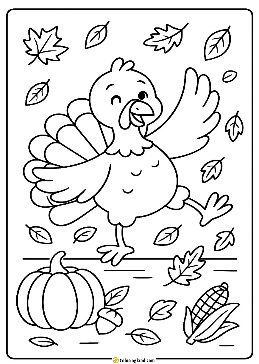 Dancing Turkey With Autumn Leaves Coloringkind Printables throughout Free Coloring Sheets Thanksgiving Dance
