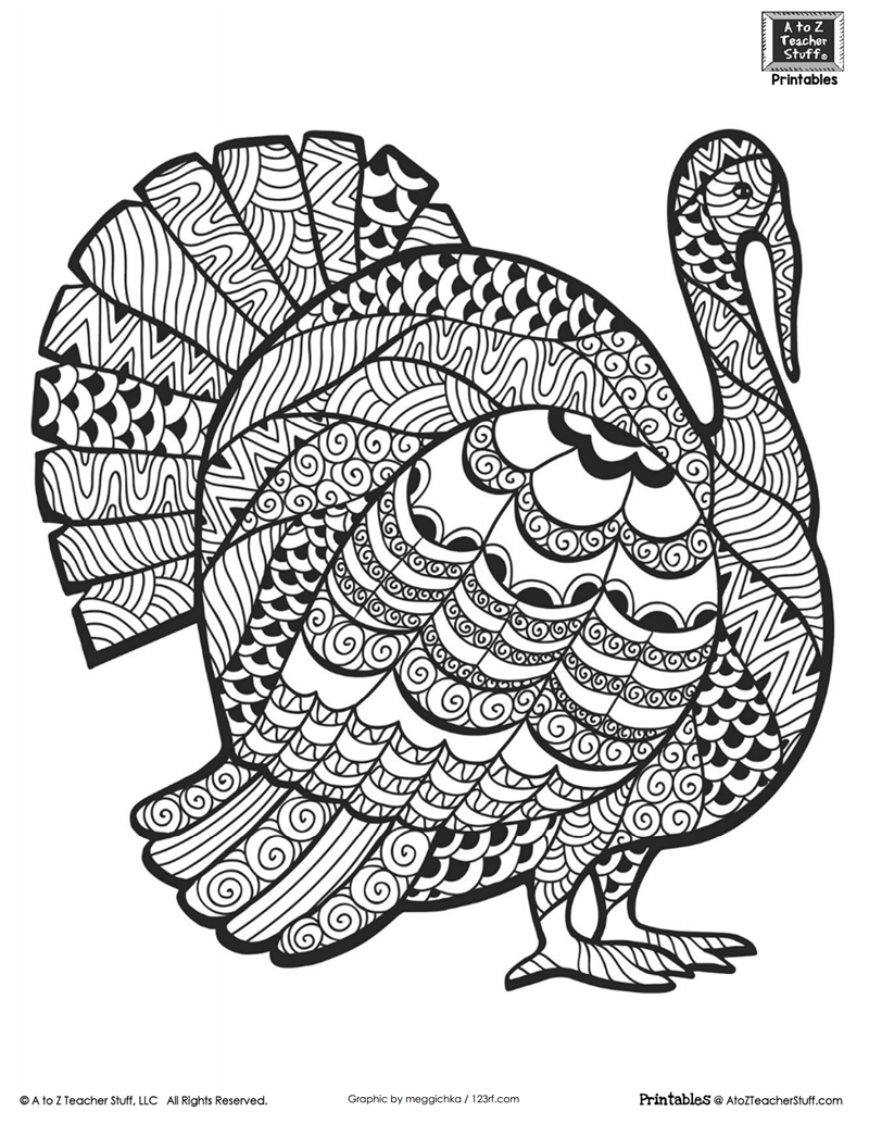 Detailed Turkey Advanced Coloring Page | A To Z Teacher Stuff in Adult Thanksgiving Coloring Sheet