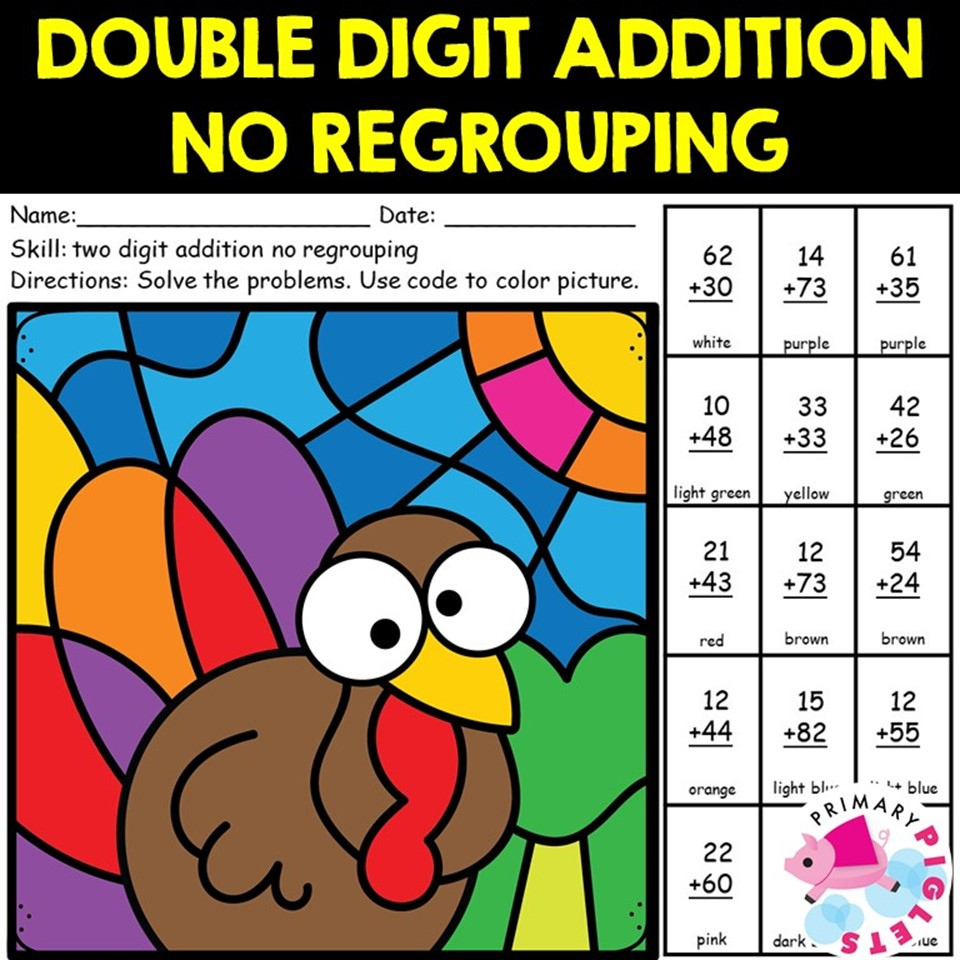 Double Digit Addition Thanksgiving Colornumber | Madeteachers with regard to Thanksgiving Math Coloring Sheets 2nd Grade