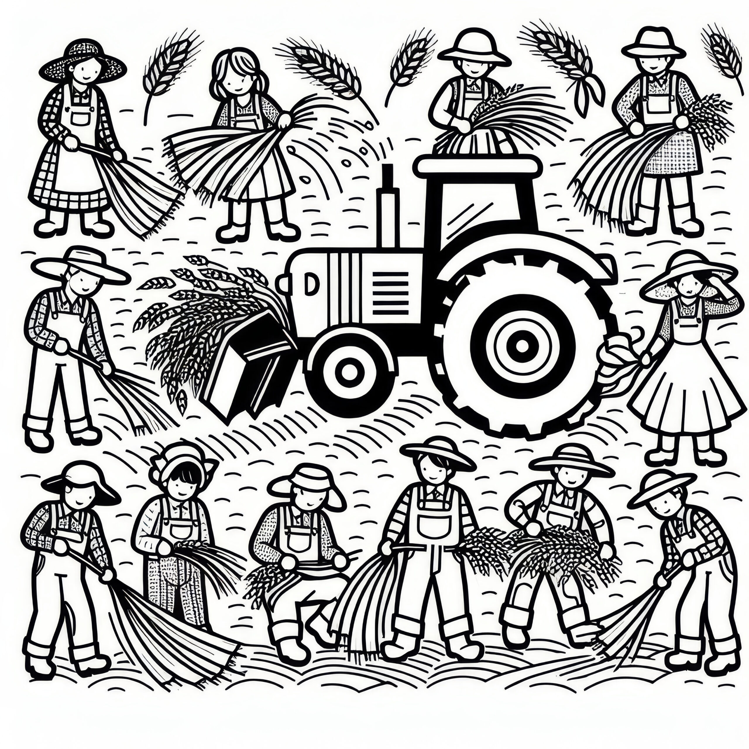Farmers At The Harvest With Tractor: Simple Coloring Picture For with Agriculture In Thanksgiving Coloring Sheet