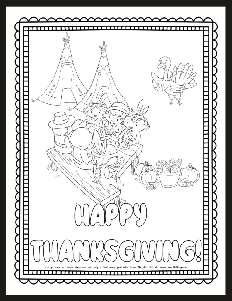 First Thanksgiving Meal Coloring Page Free Printable - The Art Kit with regard to First Meal Of Thanksgiving Coloring Sheet