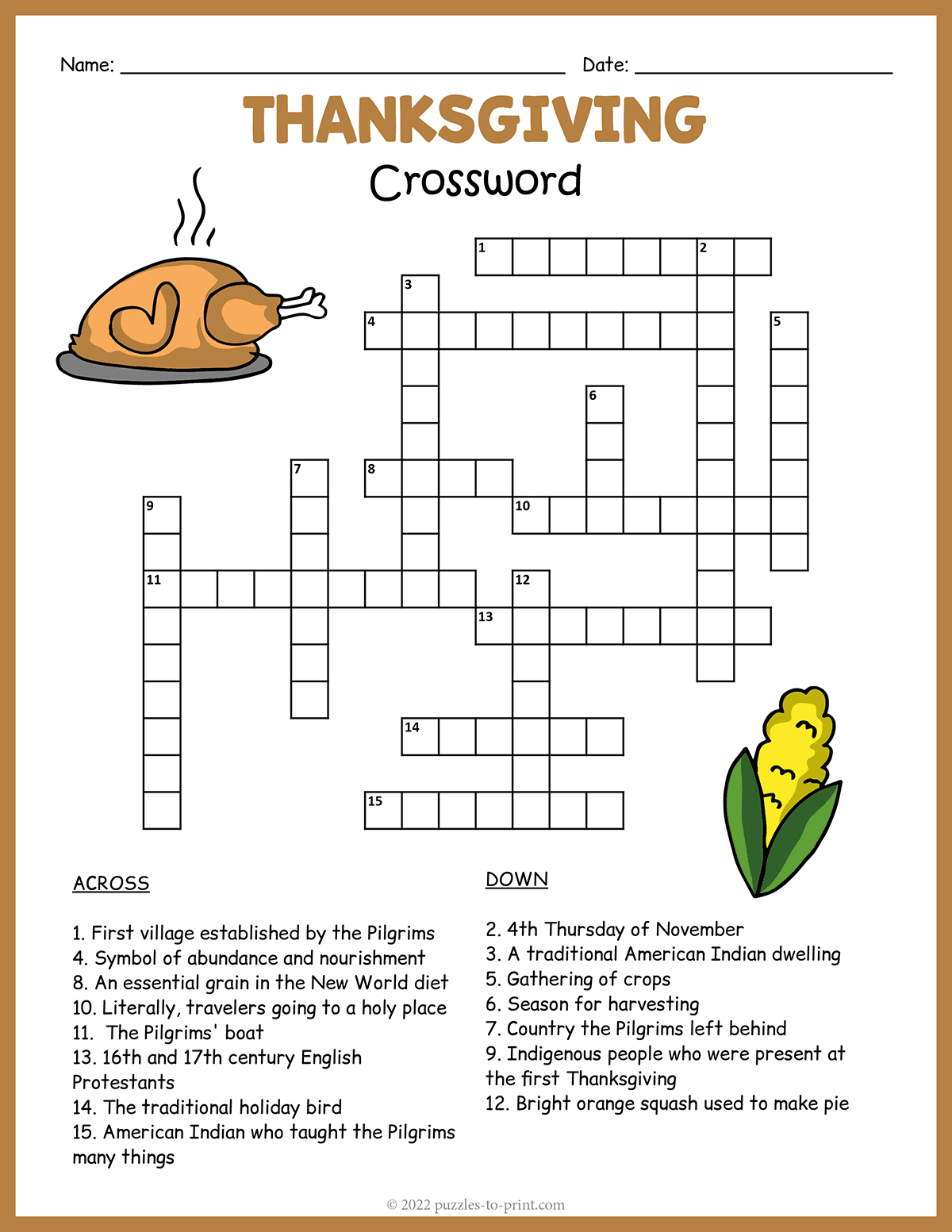 Free Printable Thanksgiving Crossword with regard to Fun Coloring Sheets For Thanksgiving Crossword Puzzle