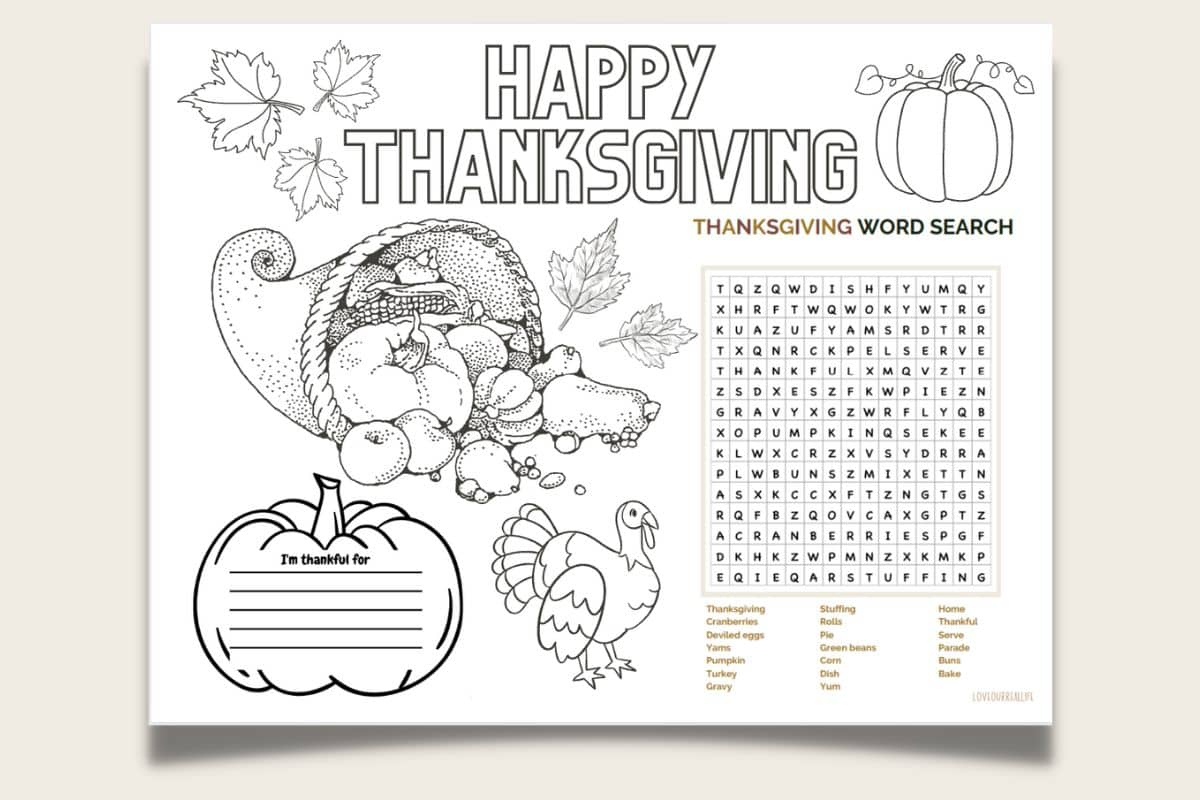 Free Thanksgiving Printable Placemats (Coloring Page For Kids for Thanksgiving Coloring Sheets P