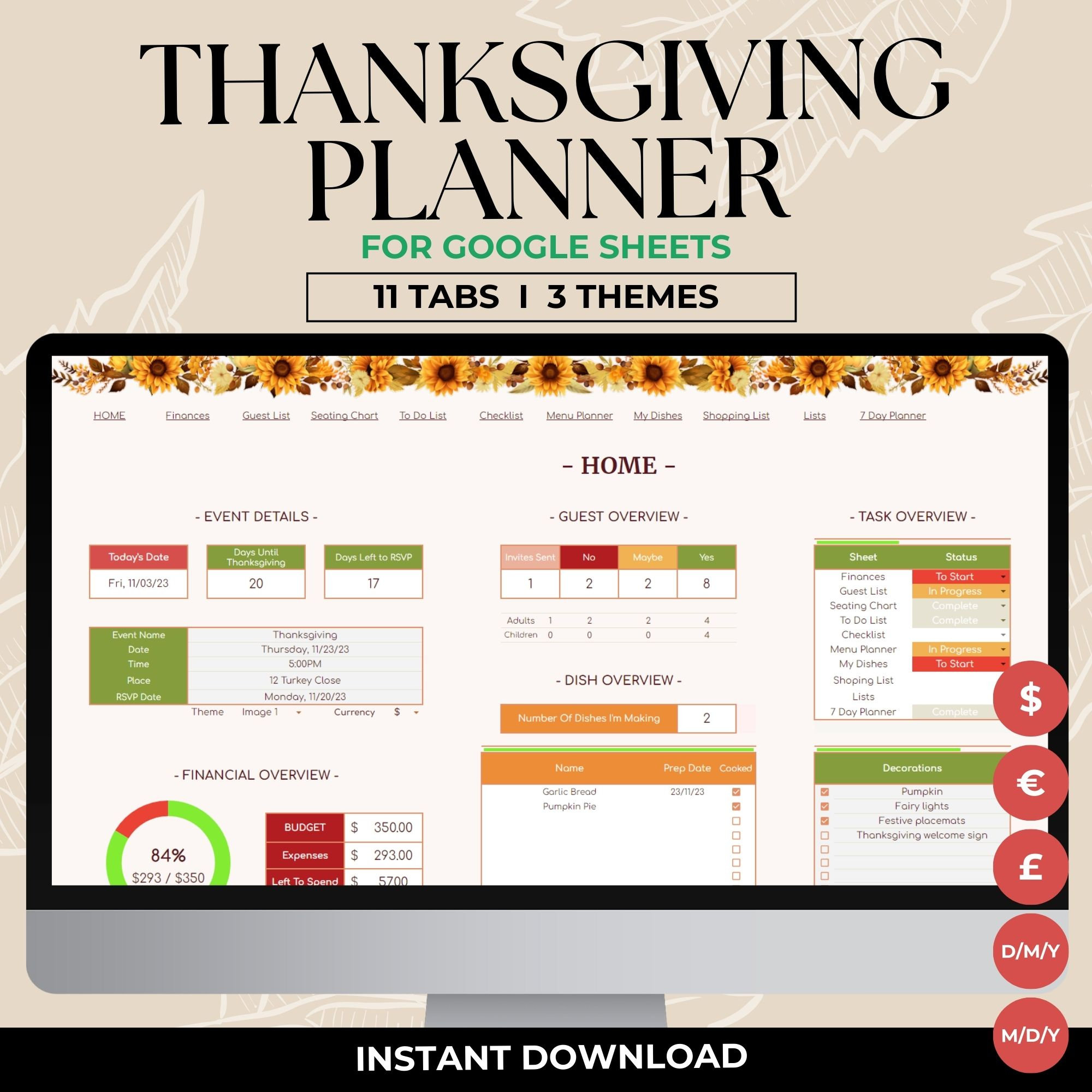 Google Sheets Thanksgiving Template - Etsy pertaining to Thanksgiving Colored Spreadsheet Template Google Sheets