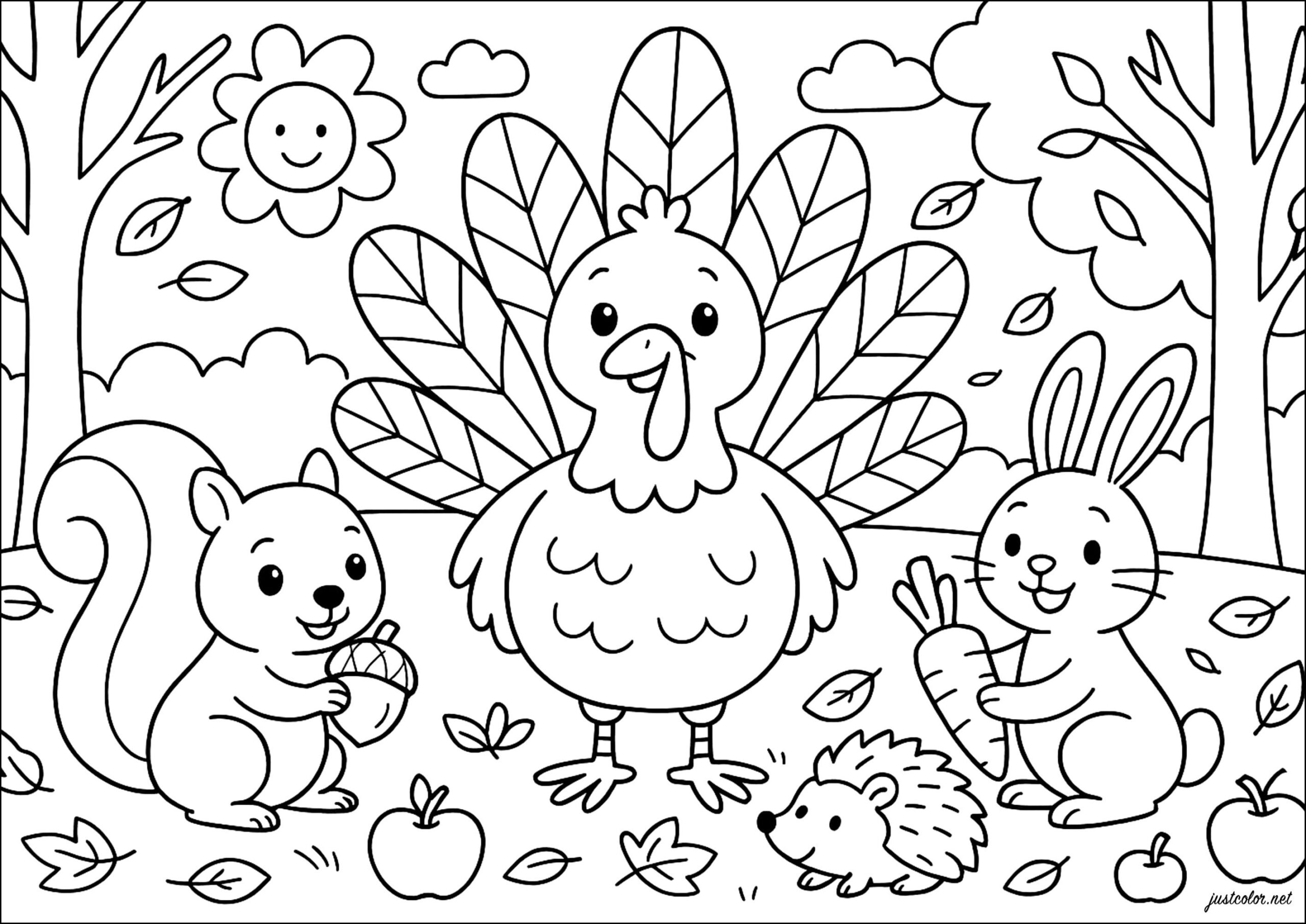 Happy Turkey And His Autumn Friends - Thanksgiving Coloring Pages for Kids Coloring Sheets Thanksgiving