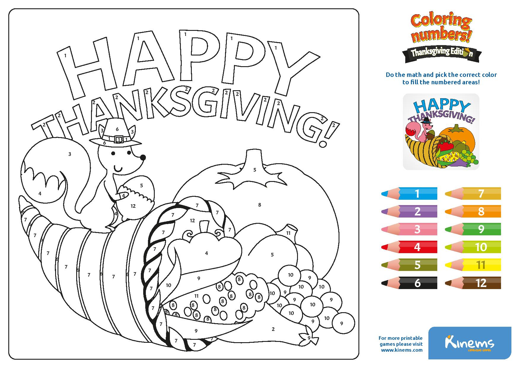 Printable Educational Board Game: Coloring Numbers Thanksgiving for Color by Numbers Thanksgiving Coloring Sheet