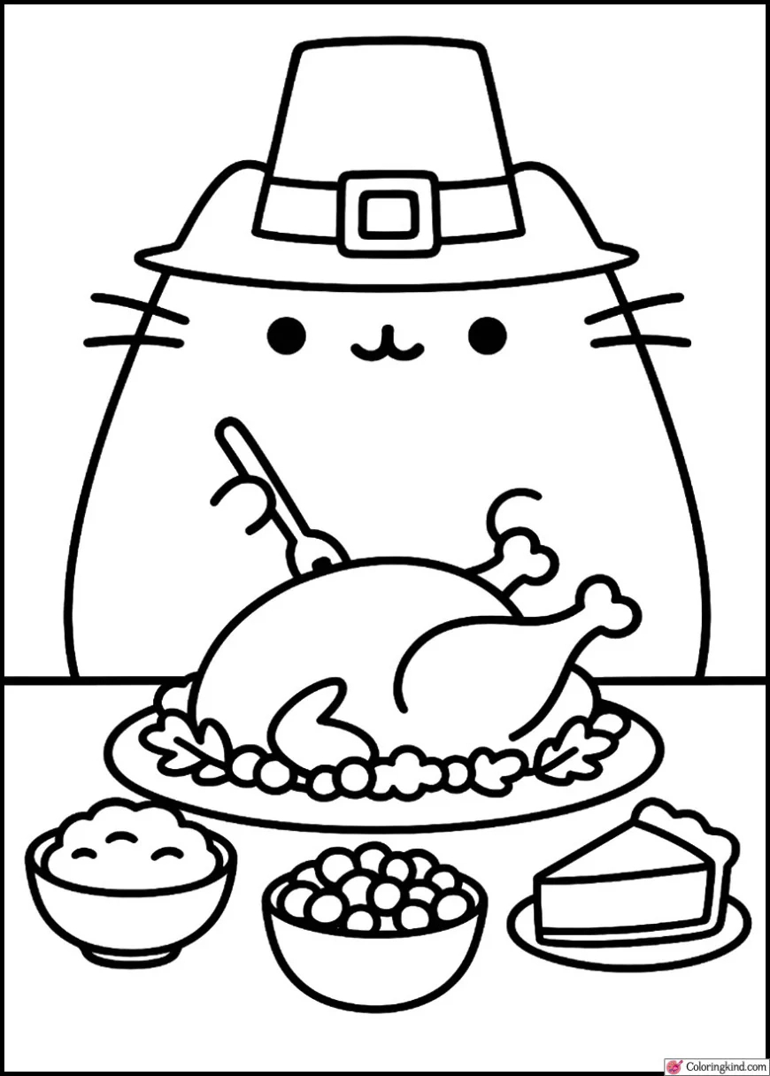 Pusheen Having A Thanksgiving Feast Coloringkind Printables inside Pusheen The Cat Coloring Sheets Thanksgiving