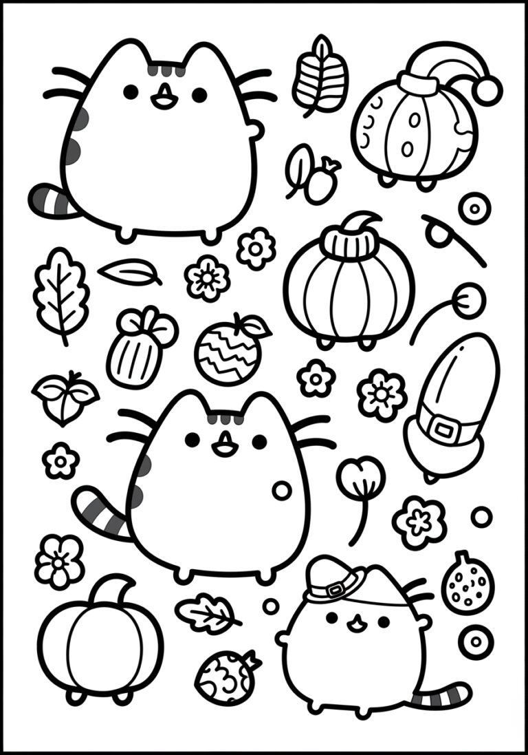 Pusheen Thanksgiving Coloring Page For Kids with Pusheen The Cat Coloring Sheets Thanksgiving