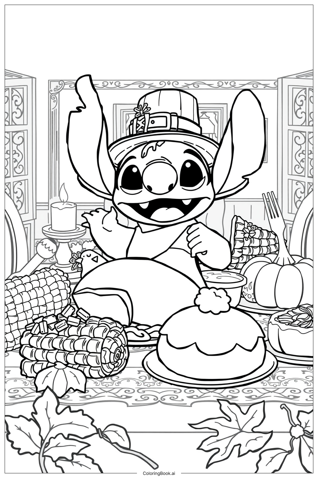 Stitch Thanksgiving Feast Coloring Page (Free Pdf&amp;amp;Png Printable) in Stitch Thanksgiving Coloring Sheets