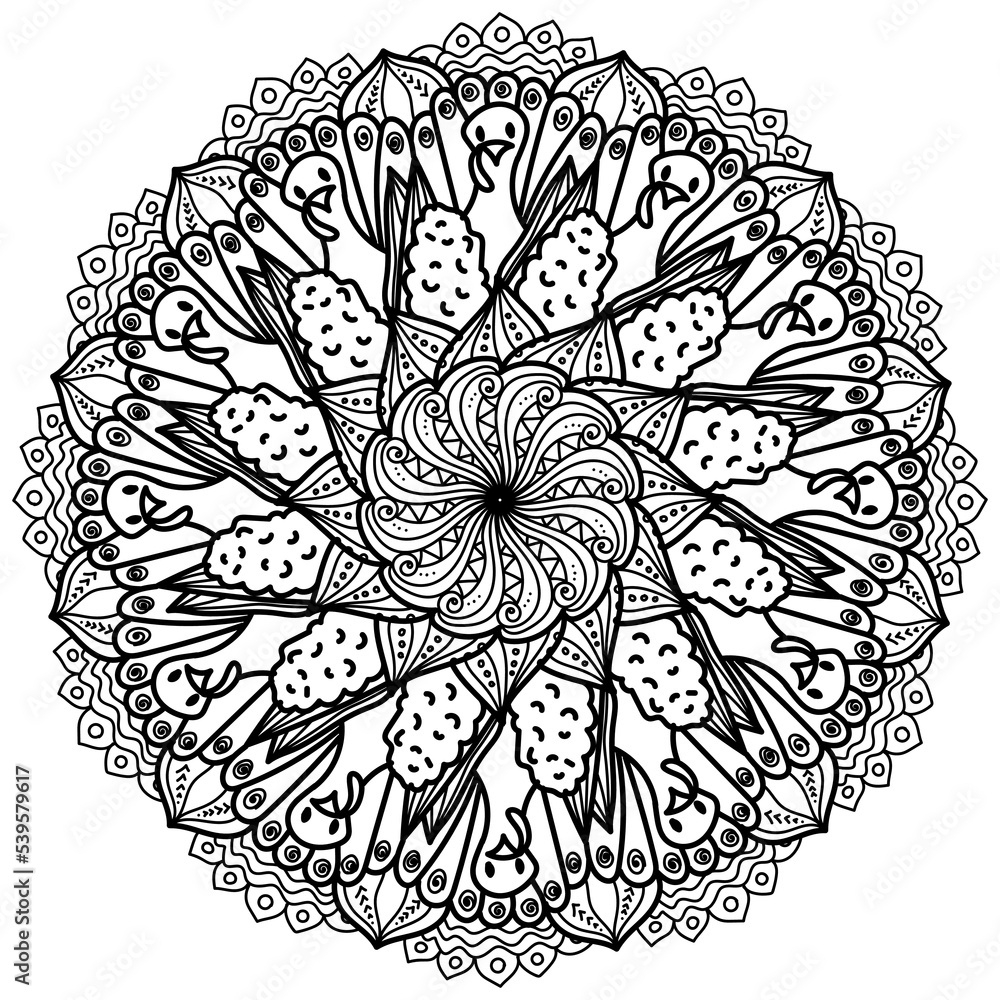 Stock-Vektorgrafik „Thanksgiving Mandala With Turkey And Corn in Thanksgiving Mandala Coloring Sheets