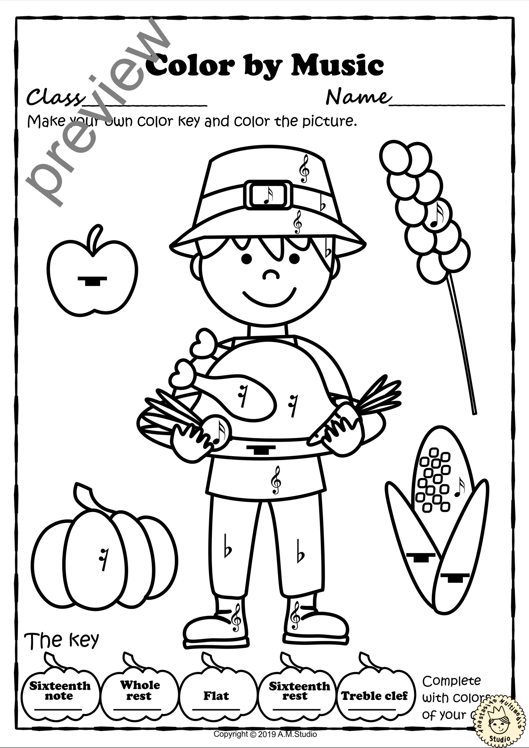 Thanksgiving Colormusic Pages {With Answers} throughout Thanksgiving Music Color Sheet Kids