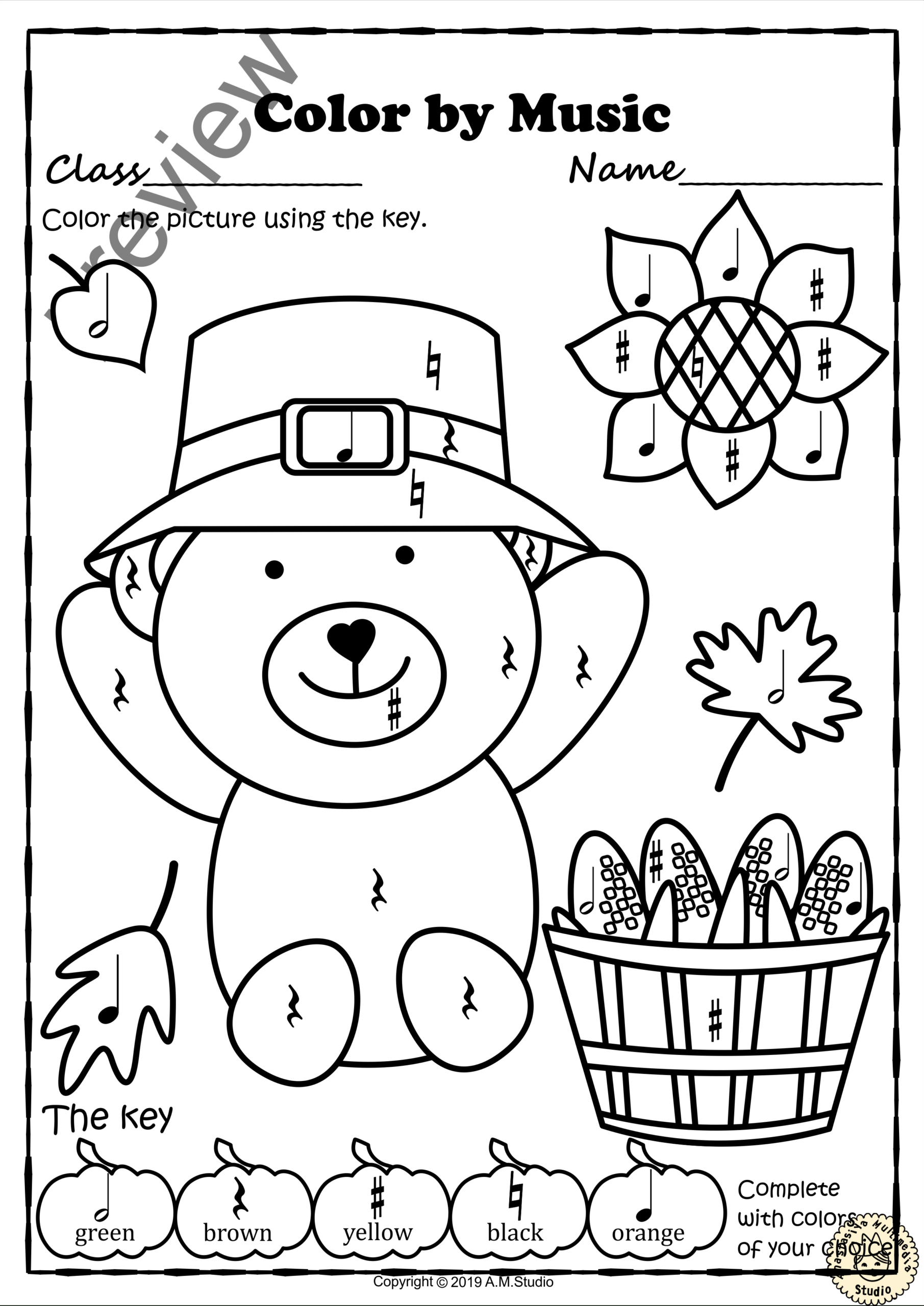 Thanksgiving Colormusic Pages {With Answers} throughout Thanksgiving Music Coloring Sheets