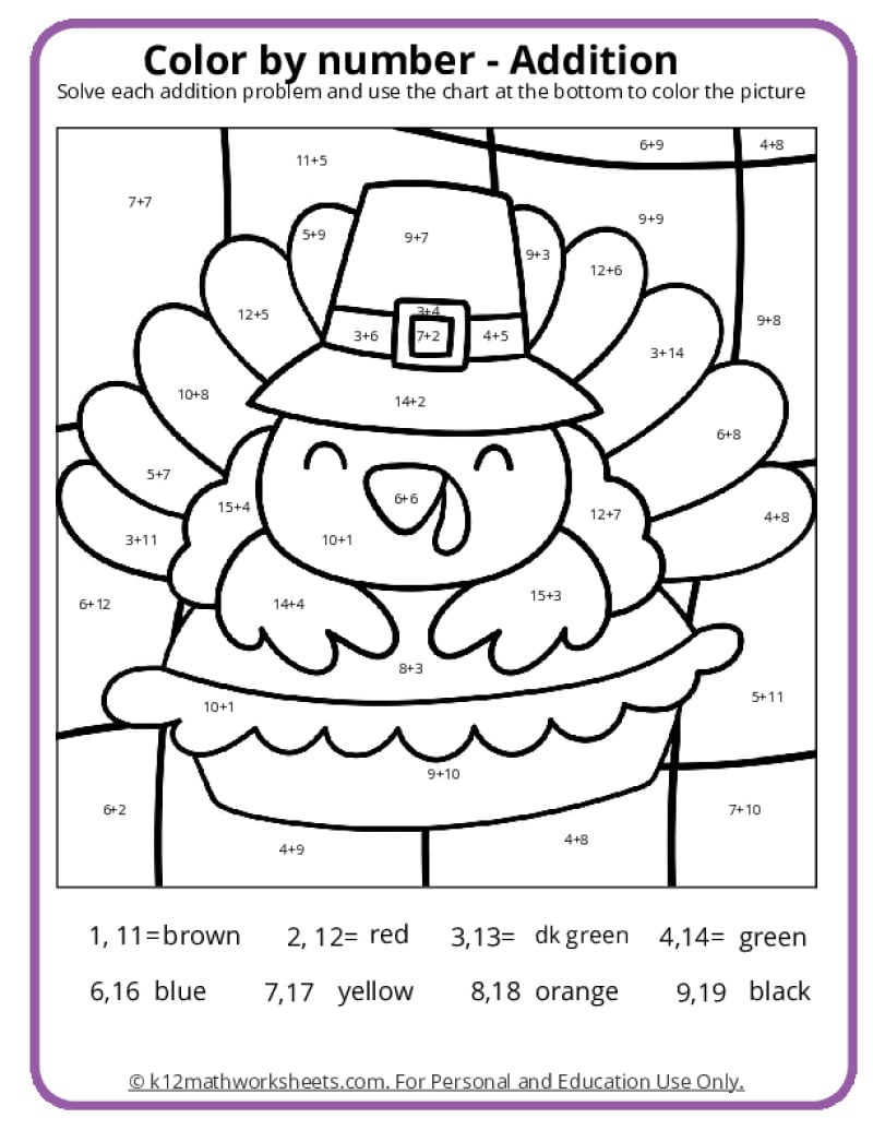 Thanksgiving Colornumber Pages - K12 Math Worksheets with regard to Thanksgiving Turkey Math Coloring Sheet Division
