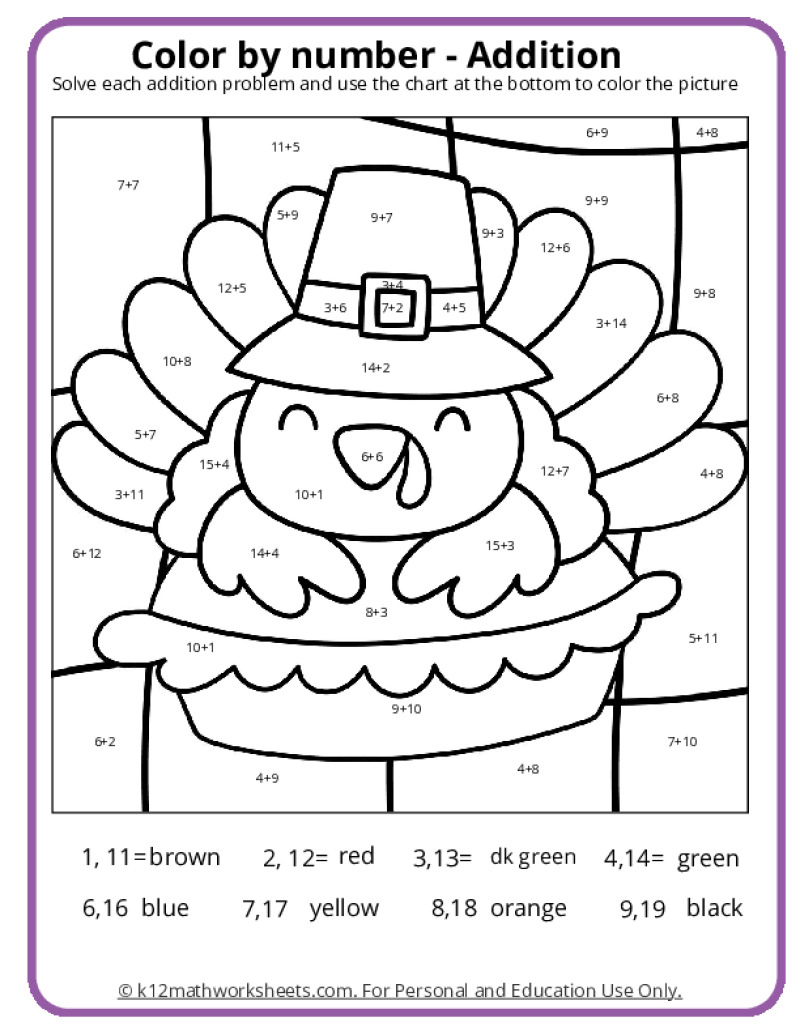 Thanksgiving Colornumber Pages - K12 Math Worksheets within Math Operations Free Thanksgiving Math Coloring Sheets
