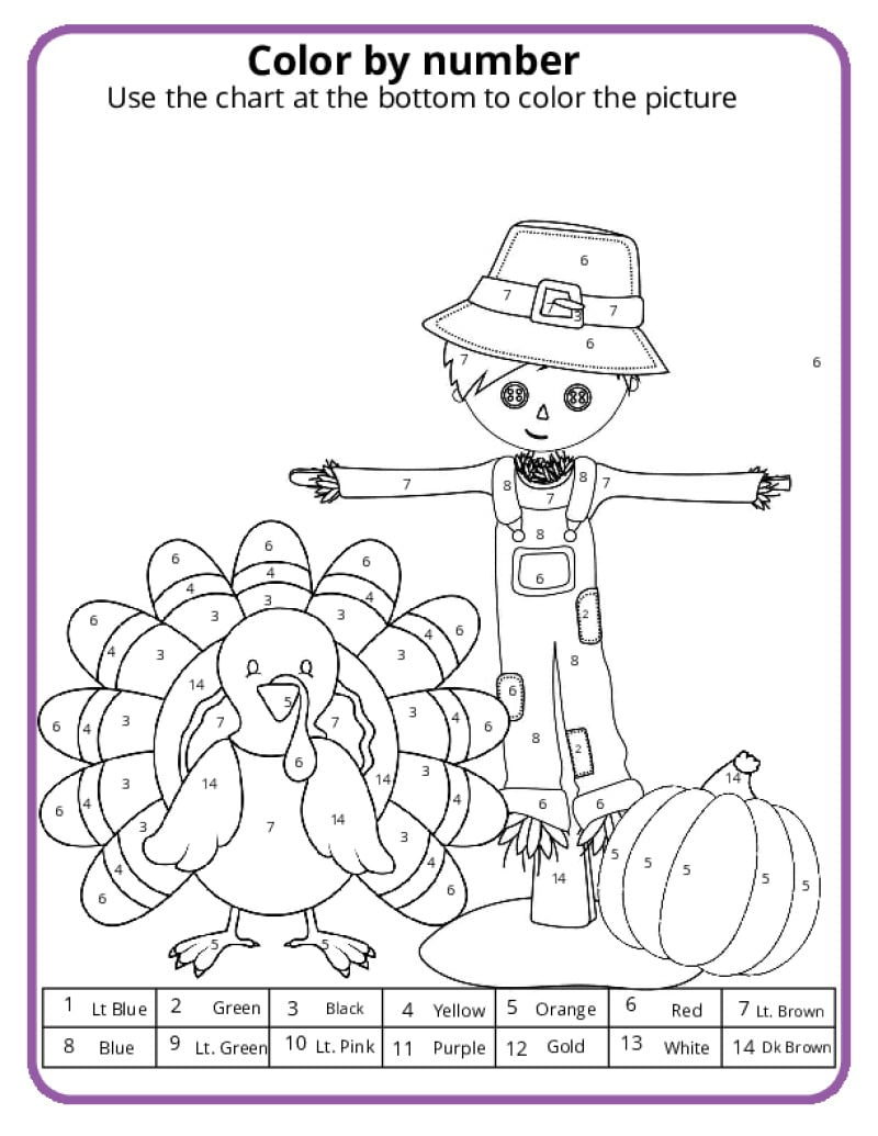Thanksgiving Colornumber Pages - K12 Math Worksheets within Thanksgiving Color Sheets For 6Th Grade