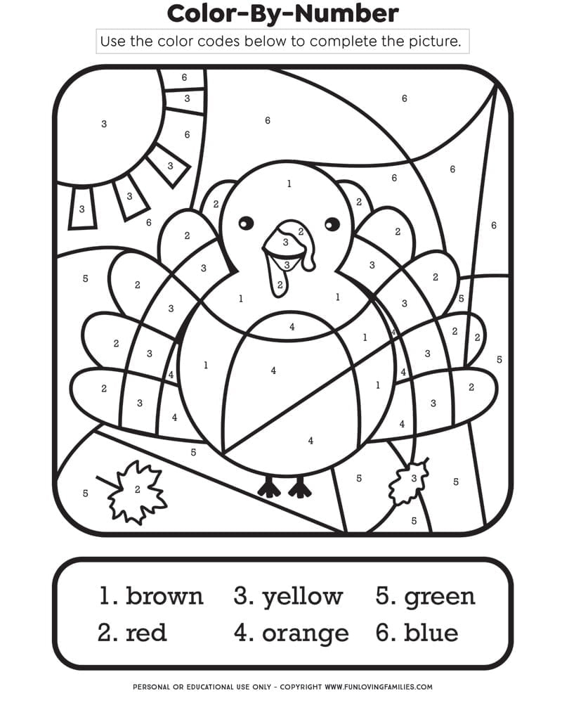 Thanksgiving Colornumber Printable Kids Activity - Fun Loving pertaining to Thanksgiving Coloring And Activity Sheets