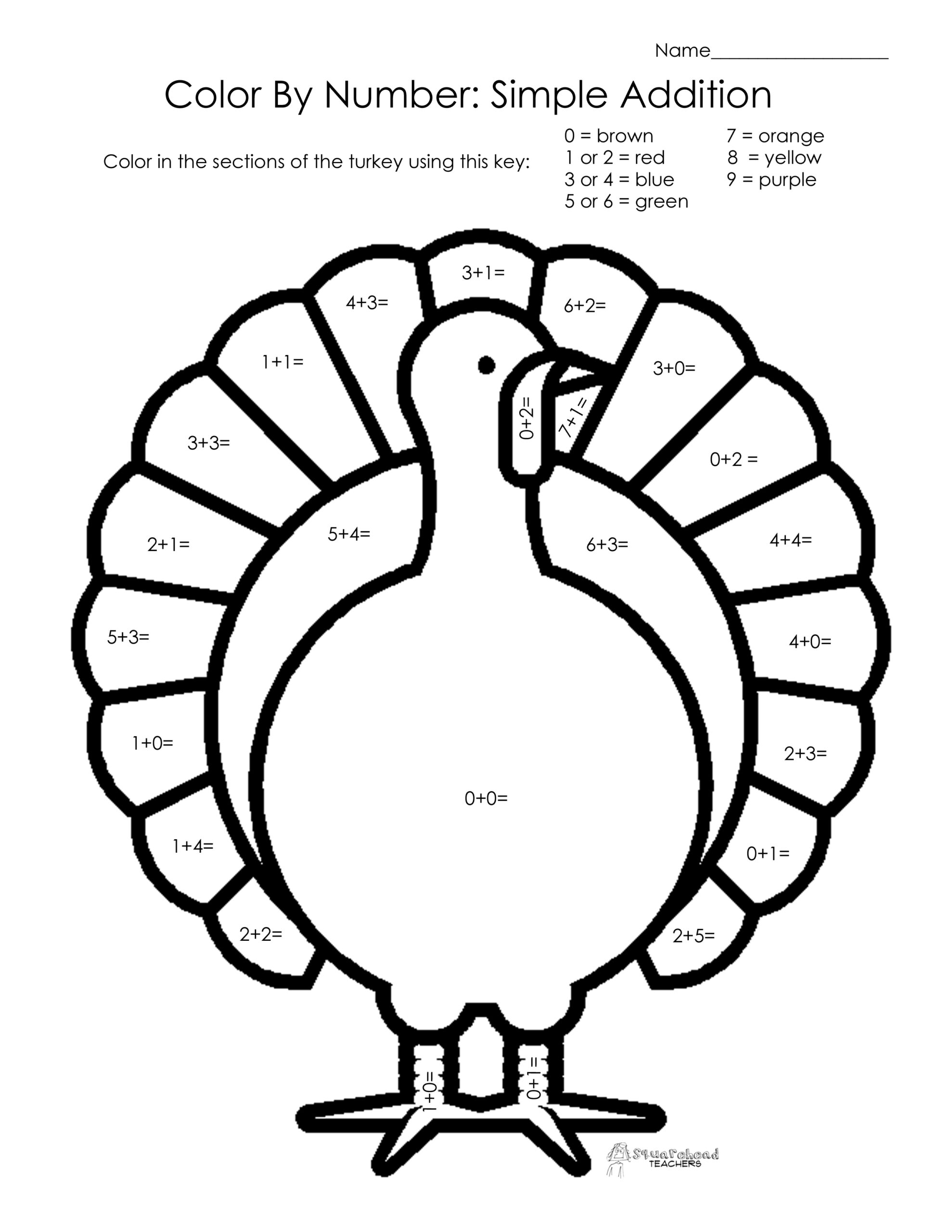 Thanksgiving Colornumber: Simple Addition | Squarehead Teachers regarding Thanksgiving Coloring Sheets 1st Grade