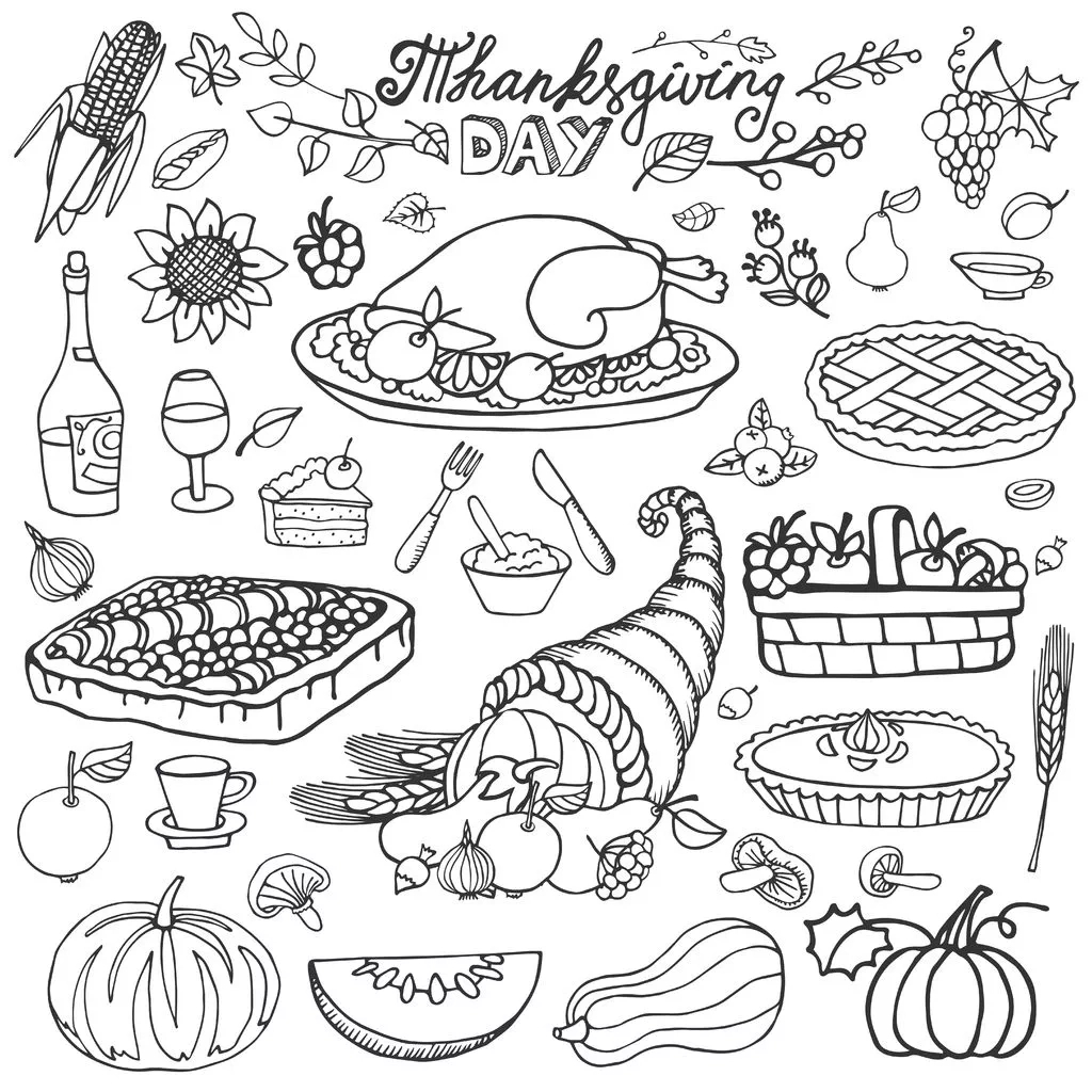 Thanksgiving-Cornucopia-And-Turkey-By-Tatiana-Kostysheva with regard to Thanksgiving Meal Coloring Sheet