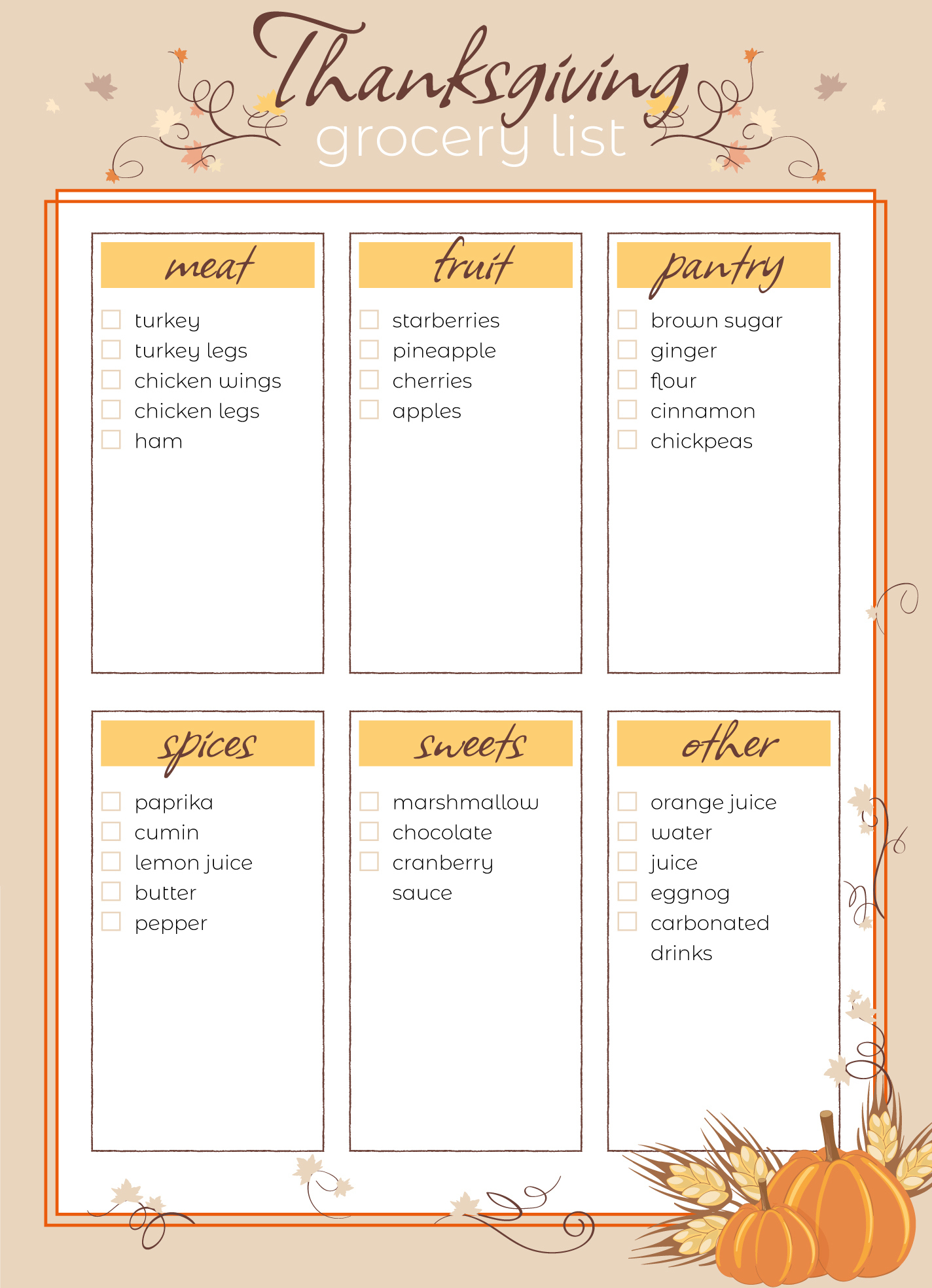 Thanksgiving Grocery List Free Google Docs Template - Gdoc.io throughout Thanksgiving Colored Spreadsheet Template Google Sheets
