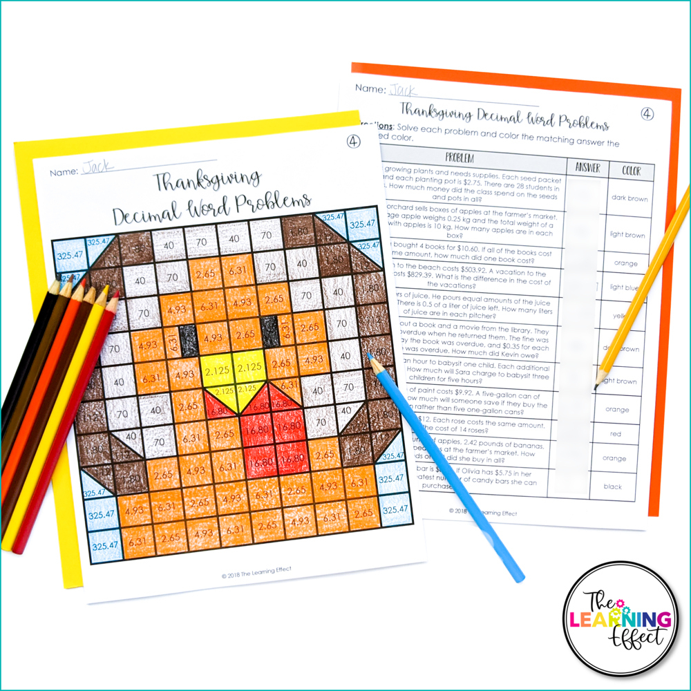 Thanksgiving Math Activities Mystery Picture Worksheets | Decimals inside Thanksgiving 6Th Math Coloring Sheet Tpt