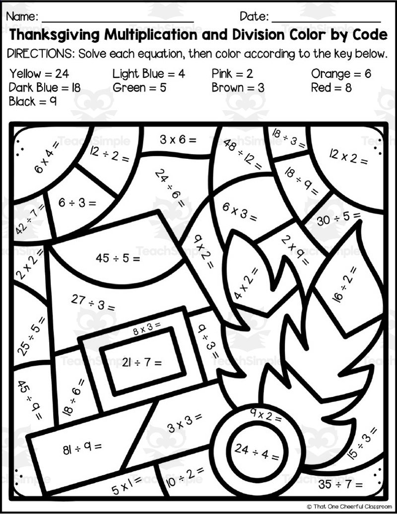 Thanksgiving Multiplication + Division Colorcode throughout Thanksgiving Math Coloring Sheet Division