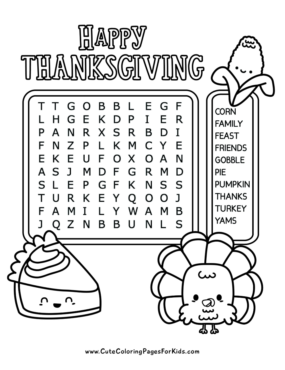 Thanksgiving Word Search - Cute Coloring Pages For Kids with Coloring Sheets Grade 2 Word Search Thanksgiving