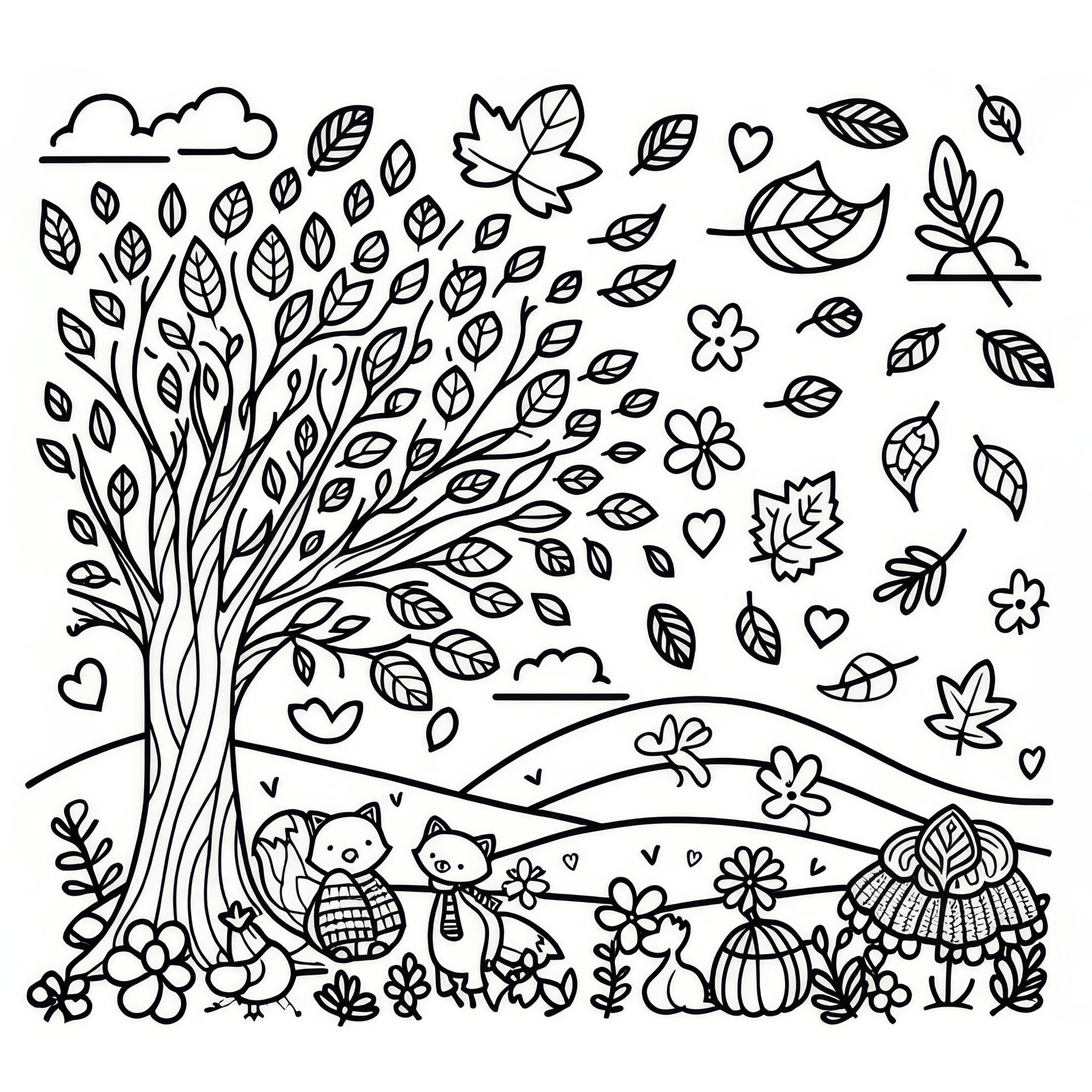 Tree With Leaves In The Wind: Simple Coloring Template For pertaining to Adult Coloring Sheets Thanksgiving Fall Tree