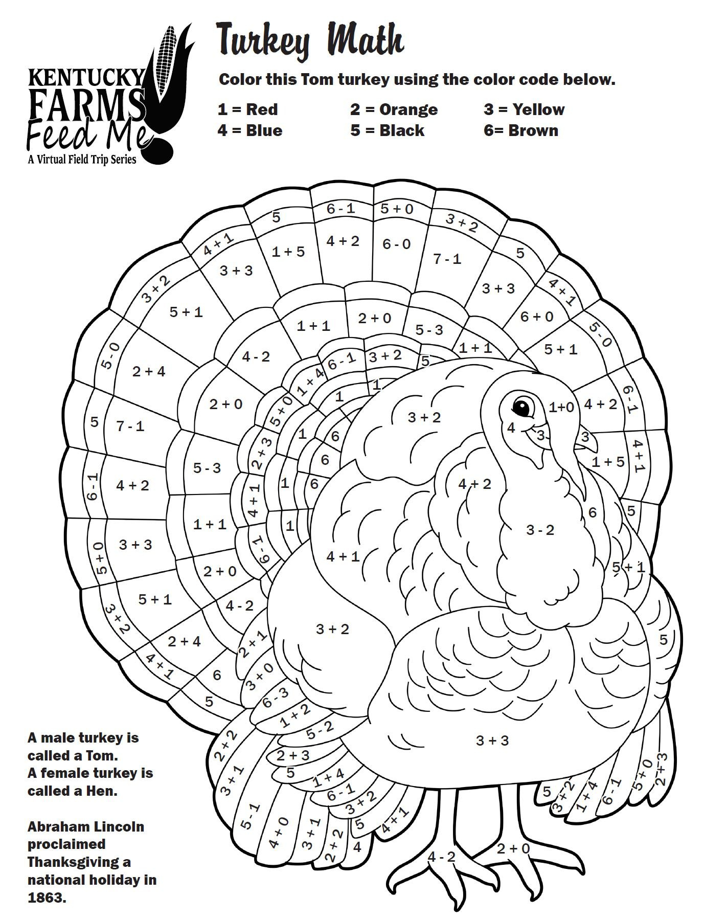 Turkey Colornumber Worksheets — #Teachkyag throughout Thanksgiving Math Adition Coloring Sheet