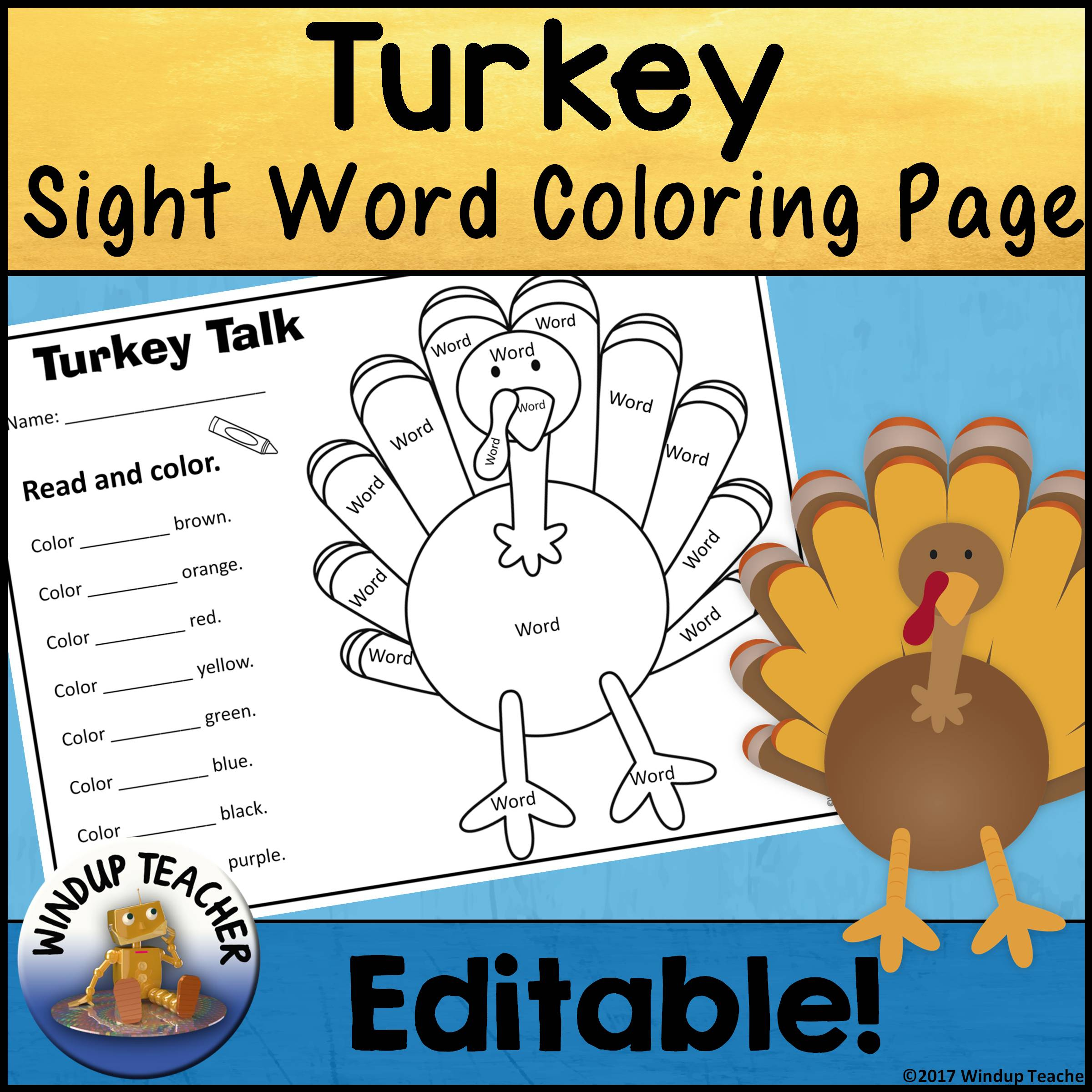 Turkey Sight Word Coloring Sheet Activity - Editable Activity For inside Thanksgiving Sight Word Color Sheets