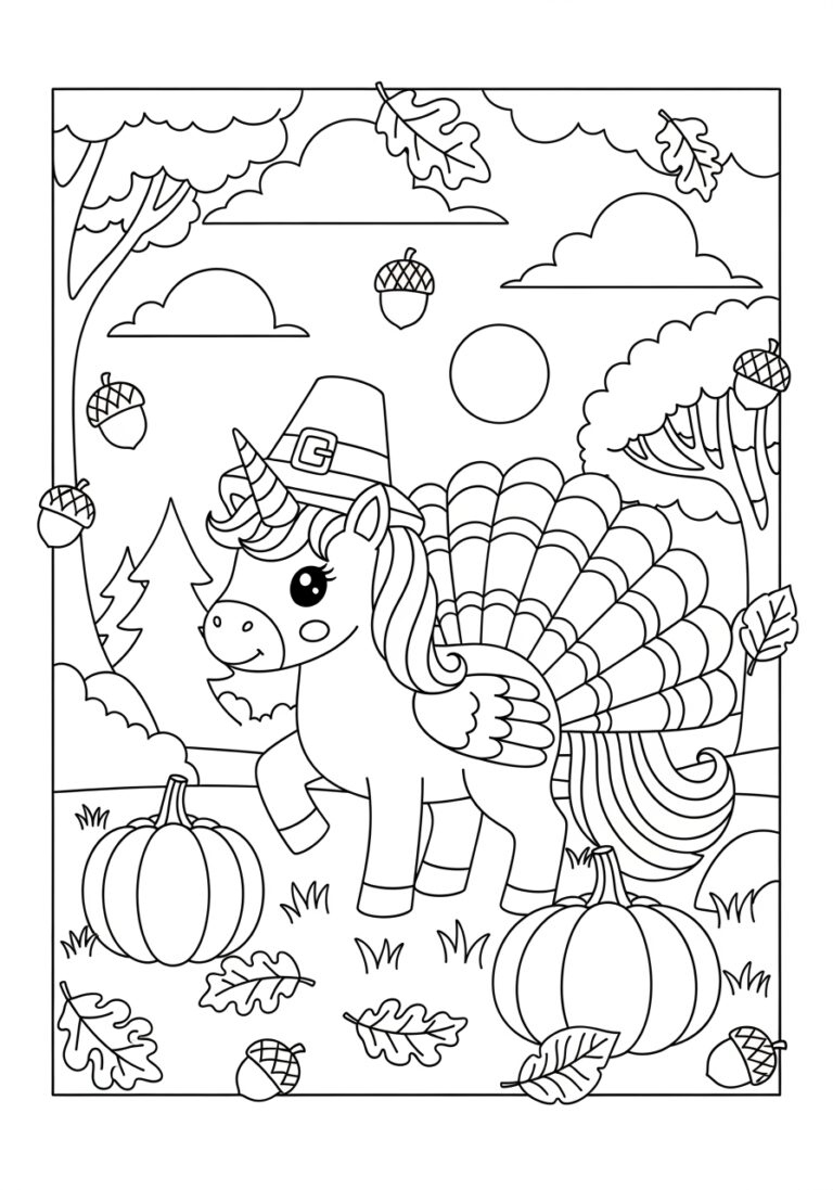 Unicorn Thanksgiving Coloring Page For Kids with regard to Unicorn Thanksgiving Color Sheets